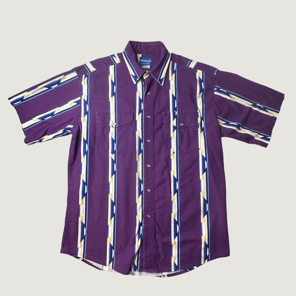 Vintage Wrangler Western Shirt Mens L MC3007M Purple Aztec Stripe Pearl Snap 90s